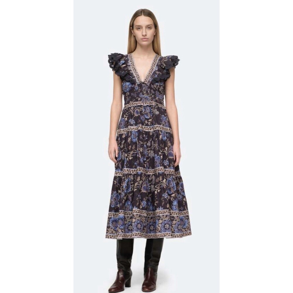 NEW Sea New York Tess Navy Blue Floral Ruffle V-Neck Midi Dress Size 8